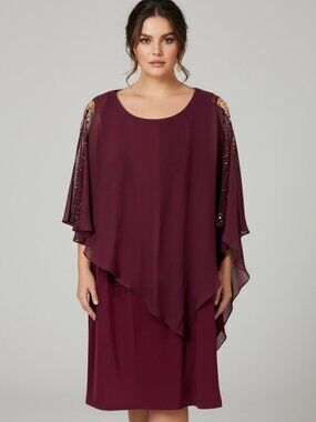 Ignite Evenings Burgundy Chiffon Cape Dress 12 Beaded Wedding Guest Holiday MOB